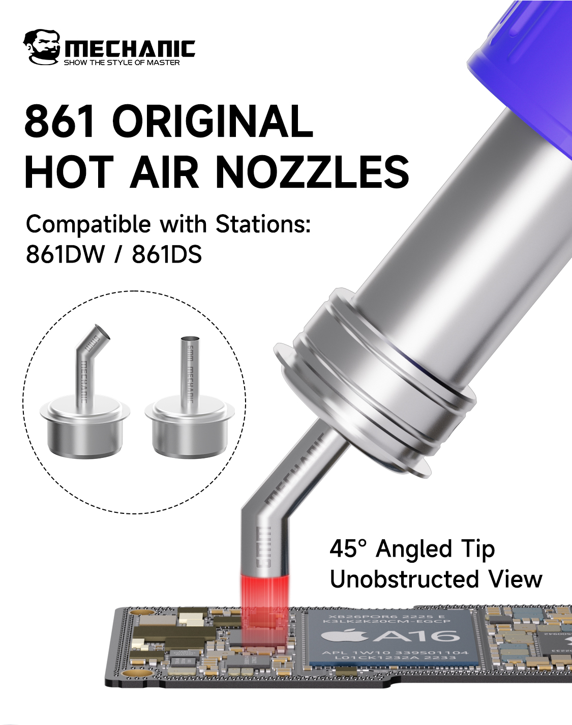 Hot Air Rework Station 861Dw - メカニック 861 ホットエアノズルキット - ストレート＆45度 °