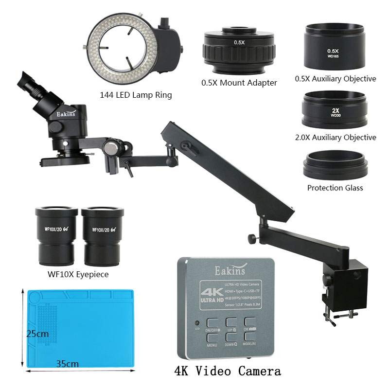 Simul-Focal Industrial Microscope 4K Hdmi - 産業用超眼ステレオ三眼顕微鏡,3.5x 90,関節式アーム,クランプ付きズーム,ビデオブーム,4k hdmi,8.5 mp