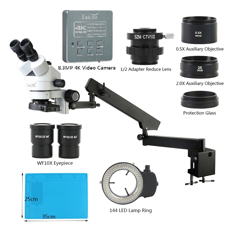 Trinocular Stereo Microscope 7X-45X - ステレオ三眼顕微鏡,対物焦点距離シミュレーター3.5x-90x,関節式アームクランプ,PCBはんだ付け用4kビデオカメラ,8mp,48mp,55mp